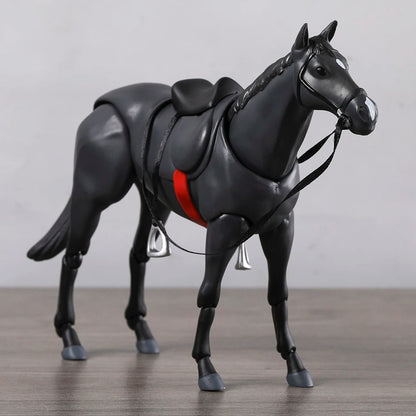 Black horse figurine with a red blanket and saddle on a wooden floor. Attack on Titan / Figma Vehicles: Horse (Version 2.0) Figma No.490 Premium Action Toy Figure (White, Black & Complete Set Options)