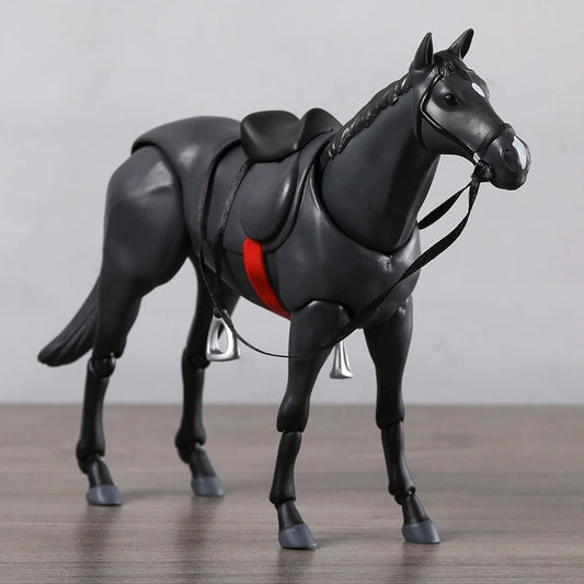 Black horse figurine with a red blanket and saddle on a wooden floor. Attack on Titan / Figma Vehicles: Horse (Version 2.0) Figma No.490 Premium Action Toy Figure (White, Black & Complete Set Options)