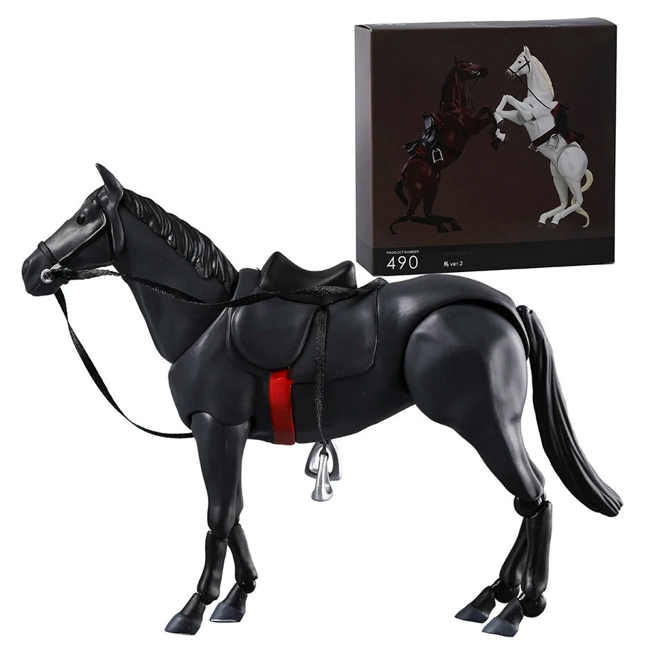 Black horse figurine with a red strap and black saddle, displayed with its packaging. Attack on Titan / Figma Vehicles: Horse (Version 2.0) Figma No.490 Premium Action Toy Figure (White, Black & Complete Set Options)