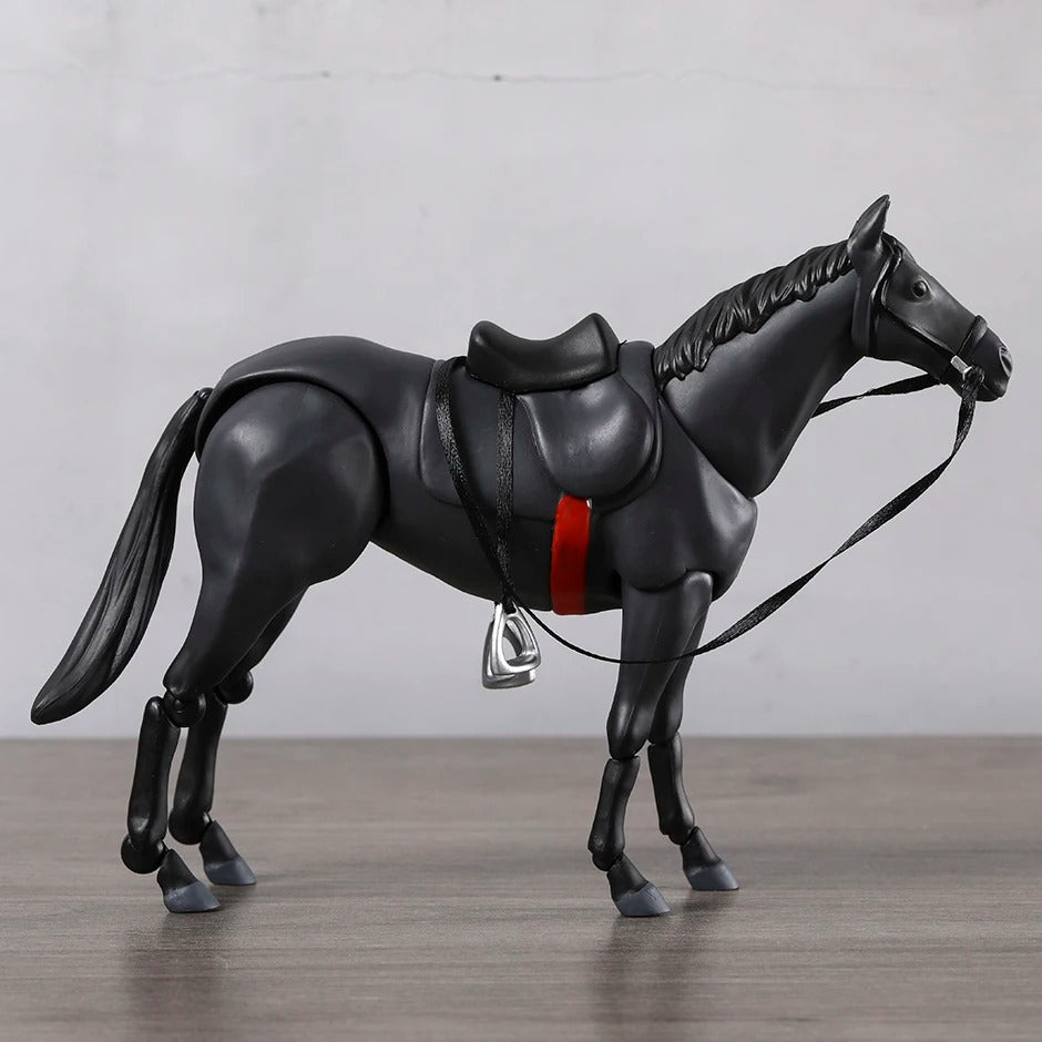 Black horse figurine with a red saddle blanket on a wooden surface Attack on Titan / Figma Vehicles: Horse (Version 2.0) Figma No.490 Premium Action Toy Figure (White, Black & Complete Set Options)