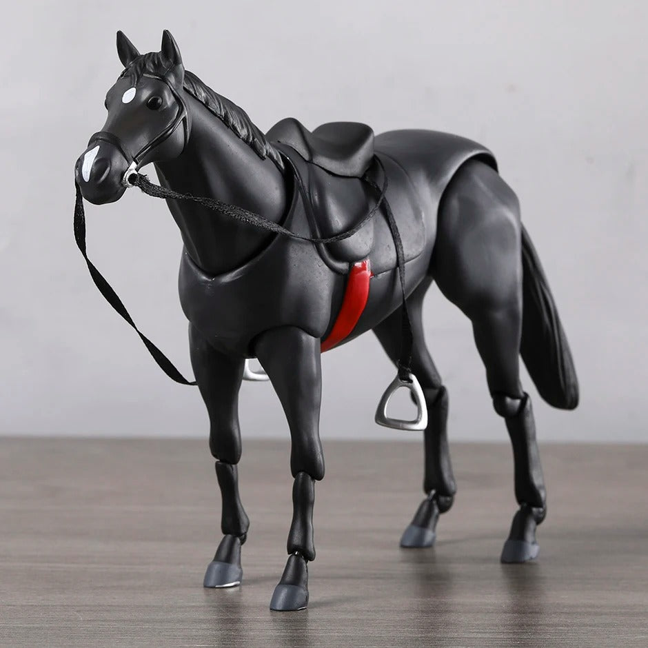 Black horse figurine with a red saddle blanket on a wooden surface Attack on Titan / Figma Vehicles: Horse (Version 2.0) Figma No.490 Premium Action Toy Figure (White, Black & Complete Set Options)