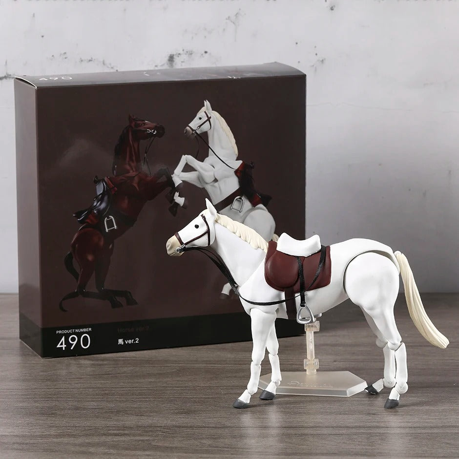 White horse figurine with a brown saddle in front of a box displaying other horse figurines. Attack on Titan / Figma Vehicles: Horse (Version 2.0) Figma No.490 Premium Action Toy Figure (White, Black & Complete Set Options) 