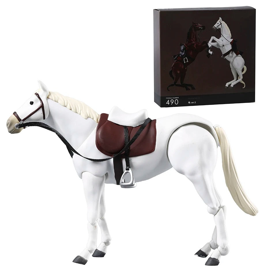 White horse figurine with a brown saddle and bridle, next to its packaging. Attack on Titan / Figma Vehicles: Horse (Version 2.0) Figma No.490 Premium Action Toy Figure (White, Black & Complete Set Options)