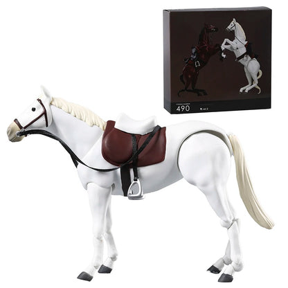 White horse figurine with a brown saddle and bridle, next to its packaging. Attack on Titan / Figma Vehicles: Horse (Version 2.0) Figma No.490 Premium Action Toy Figure (White, Black & Complete Set Options)