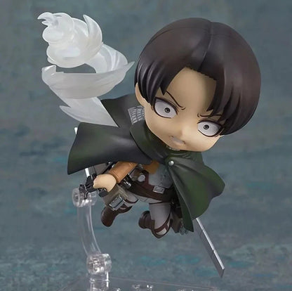 Action figure of a character from an anime with a transparent base on a textured gray background Attack on Titan: Levi Ackerman (Nendoroid No.390) Authentic Fully Articulated Premium Chibi Figure by Good Smile Company