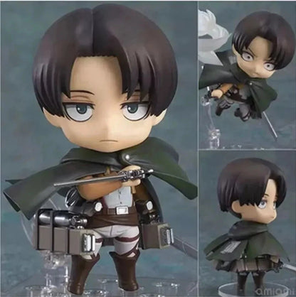Action figure of a character from an anime with a green cape and weapon, on a gray background. Attack on Titan: Levi Ackerman (Nendoroid No.390) Authentic Fully Articulated Premium Chibi Figure by Good Smile Company