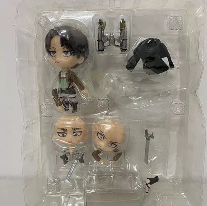 Anime character figurine set with interchangeable heads and accessories in clear packaging. Attack on Titan: Levi Ackerman (Nendoroid No.390) Authentic Fully Articulated Premium Chibi Figure by Good Smile Company