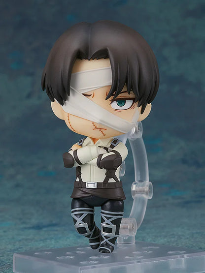 Action figure with bandages on face against a blue gradient background Attack on Titan: Levi Ackerman (The Final Season - Nendoroid No.2002) Authentic Fully Articulated Chibi Figure by Good Smile Company