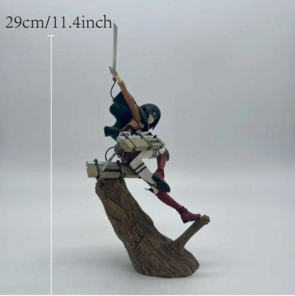 Figure on a log with measurement label '29cm/11.4inch' on a white background Attack on Titan: Mikasa Ackerman (ArtFX J Renewal Package Ver.) 1/8 Scale Premium Statue by Kotobukiya