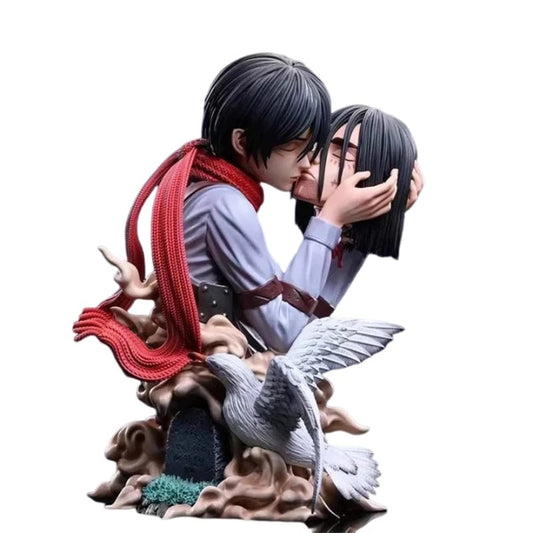 Statue of two characters embracing with a bird-like creature on a white background Attack on Titan: Mikasa Ackerman & Eren Yeager "A Kiss of Death" Final Farewell Scene 1/8 Scale Limited Edition Resin Diorama Statue by LC Studio