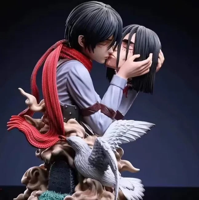 Statue of two characters embracing with a red scarf and a white bird on a dark background Attack on Titan: Mikasa Ackerman & Eren Yeager "A Kiss of Death" Final Farewell Scene 1/8 Scale Limited Edition Resin Diorama Statue by LC Studio