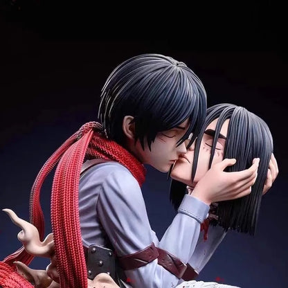 Two animated characters embracing with a dark background Attack on Titan: Mikasa Ackerman & Eren Yeager "A Kiss of Death" Final Farewell Scene 1/8 Scale Limited Edition Resin Diorama Statue by LC Studio