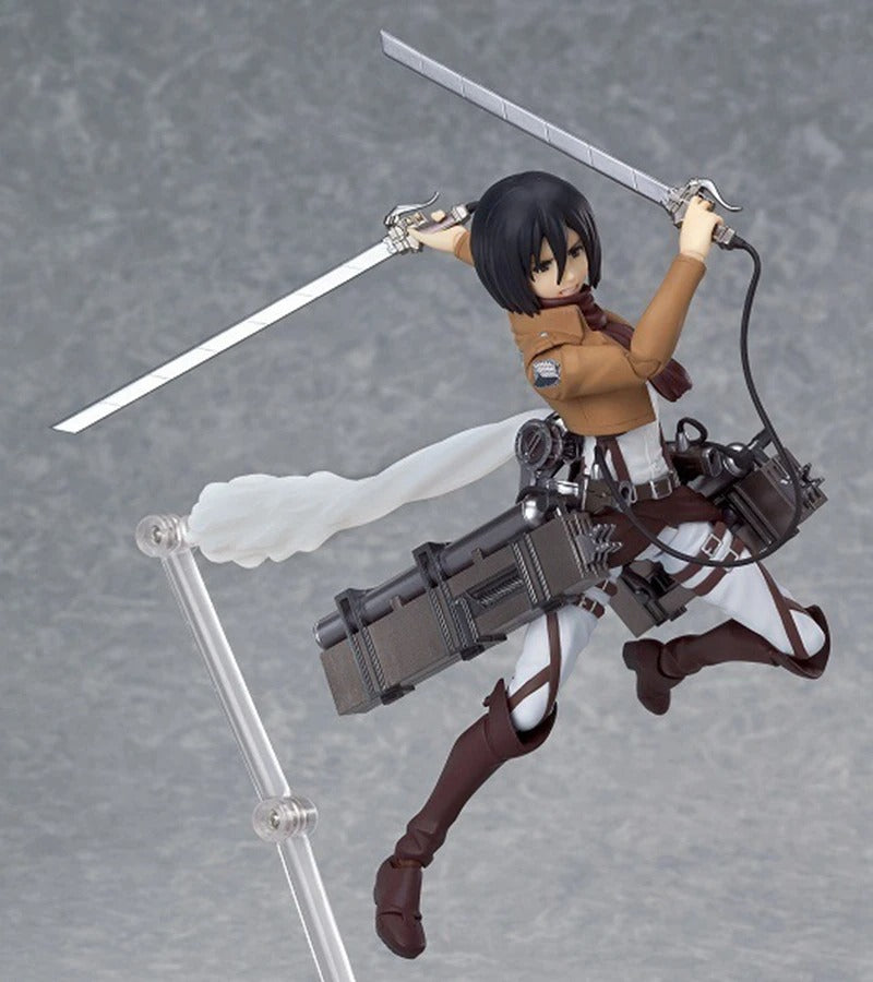 Action figure of a character with a weapon on a gray background Attack on Titan: Mikasa Ackerman (Figma No.203) Highly Poseable Premium Action Figure by Max Factory