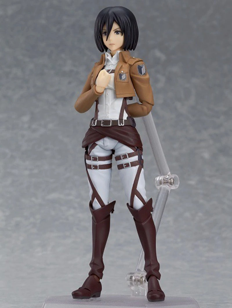 Figure of a character in a brown and white outfit with a sword on a gray background Attack on Titan: Mikasa Ackerman (Figma No.203) Highly Poseable Premium Action Figure by Max Factory