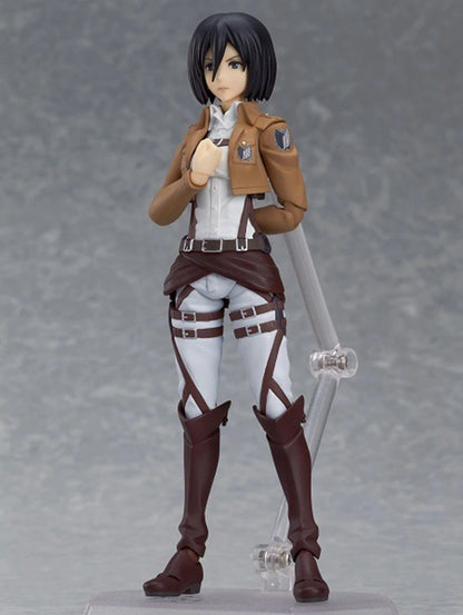 Figure of a character in a brown and white outfit with a sword on a gray background Attack on Titan: Mikasa Ackerman (Figma No.203) Highly Poseable Premium Action Figure by Max Factory