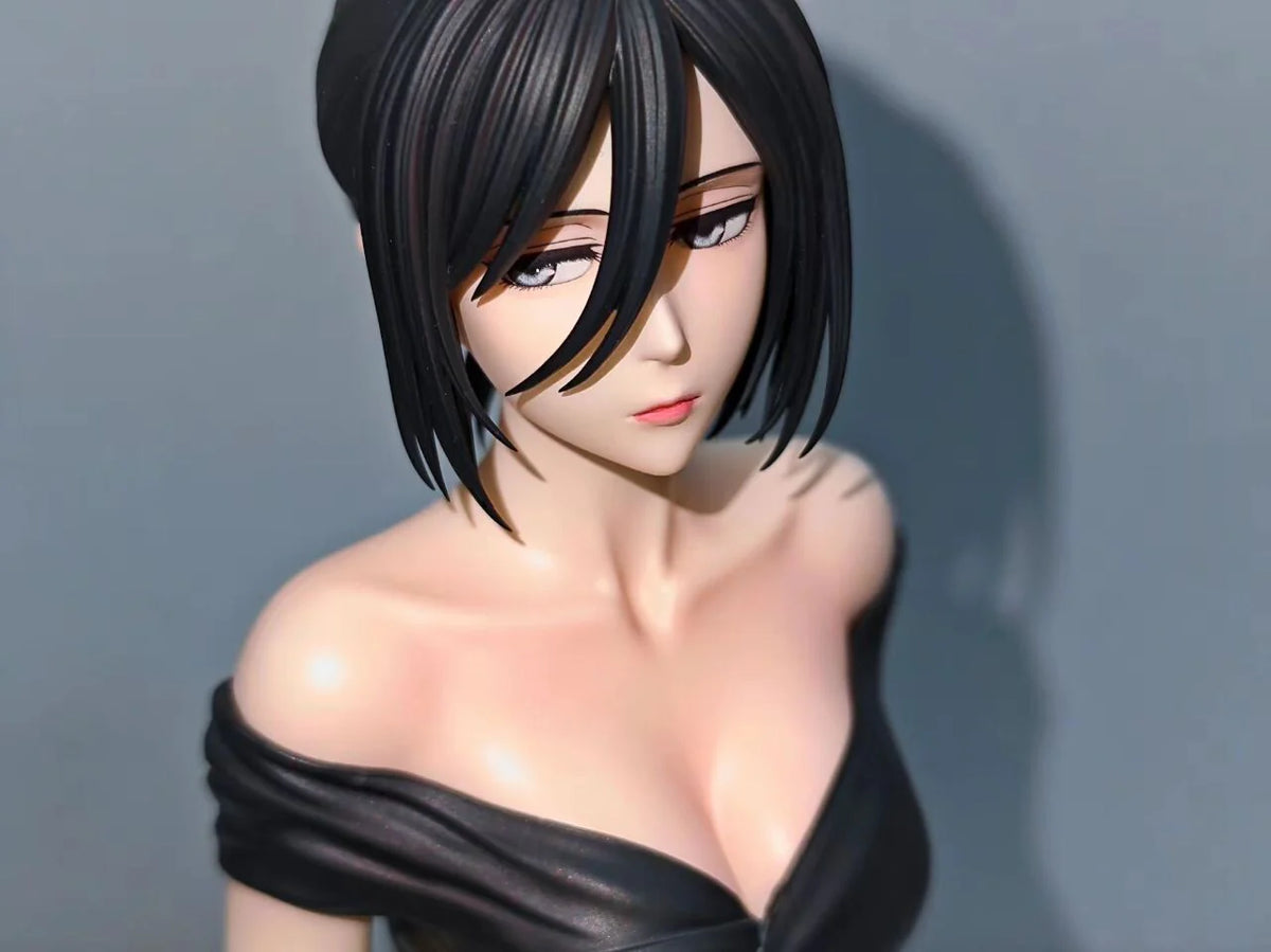 Figurine of a character with black hair and off-shoulder black top against a gray background Attack on Titan: Mikasa Ackerman (Midnight Banquet Series No.1) 1/6 Scale Premium Polyresin Statue by Model Power Studio