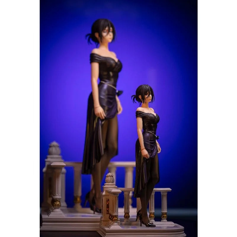 Two figurines of women in black dresses on a decorative platform with a blue background Attack on Titan: Mikasa Ackerman (Midnight Banquet Series No.1) 1/6 Scale Premium Polyresin Statue by Model Power Studio