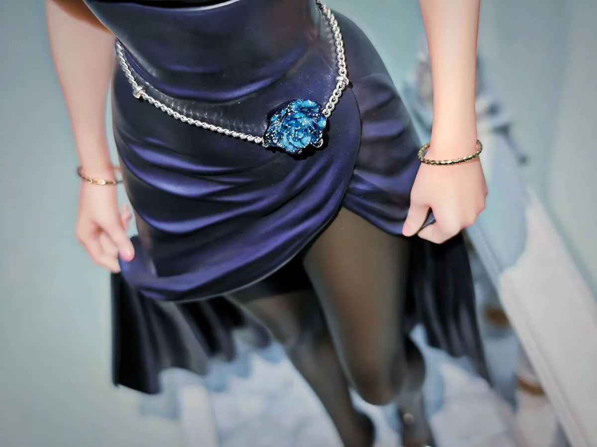 Person wearing a dark purple dress with a blue gemstone brooch, standing indoors. Attack on Titan: Mikasa Ackerman (Midnight Banquet Series No.1) 1/6 Scale Premium Polyresin Statue by Model Power Studio