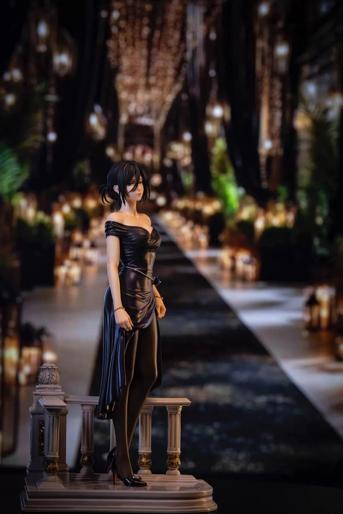 Statue of a woman in a black dress on a pedestal with a blurred indoor background Attack on Titan: Mikasa Ackerman (Midnight Banquet Series No.1) 1/6 Scale Premium Polyresin Statue by Model Power Studio