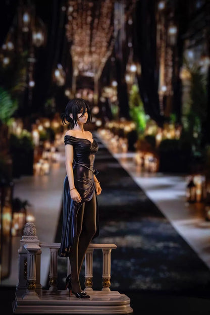 Statue of a woman in a black dress on a pedestal with a blurred indoor background Attack on Titan: Mikasa Ackerman (Midnight Banquet Series No.1) 1/6 Scale Premium Polyresin Statue by Model Power Studio
