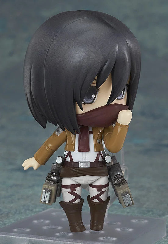 Action figure with dark hair and tactical gear on a gray background Attack on Titan: Mikasa Ackerman (Nendoroid No.365) Authentic Fully Articulated Premium Chibi Figure by Good Smile Company