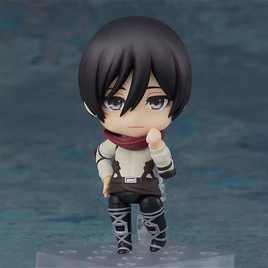 Nendoroid figurine with dark hair and a scarf on a blue gradient background Attack on Titan: Mikasa Ackerman (The Final Season - Nendoroid No.2001) Authentic Fully Articulated Chibi Figure by Good Smile Company