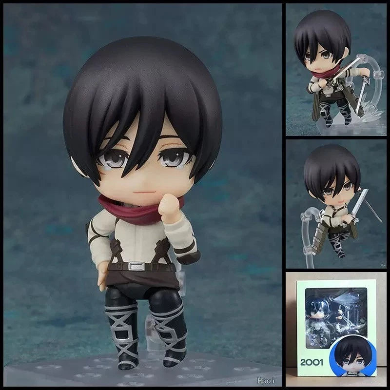 Nendoroid figurine with multiple views and packaging on a dark background Attack on Titan: Mikasa Ackerman (The Final Season - Nendoroid No.2001) Authentic Fully Articulated Chibi Figure by Good Smile Company