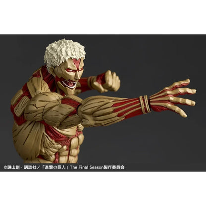 Action figure of a character with white hair and red accents on a dark background Attack on Titan: Reiner Braun - The Armored Titan Amazing Yamaguchi No.042 Revoltech Action Figure by Kaiyodo