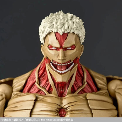 Close-up of a detailed action figure with a dark background Attack on Titan: Reiner Braun - The Armored Titan Amazing Yamaguchi No.042 Revoltech Action Figure by Kaiyodo