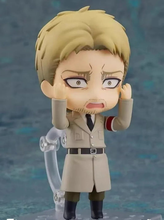 Action figure with blonde hair and trench coat against a textured blue background Attack on Titan: Reiner Braun (Nendoroid No.1893) Authentic Fully Articulated Premium Chibi Figure by Good Smile Company