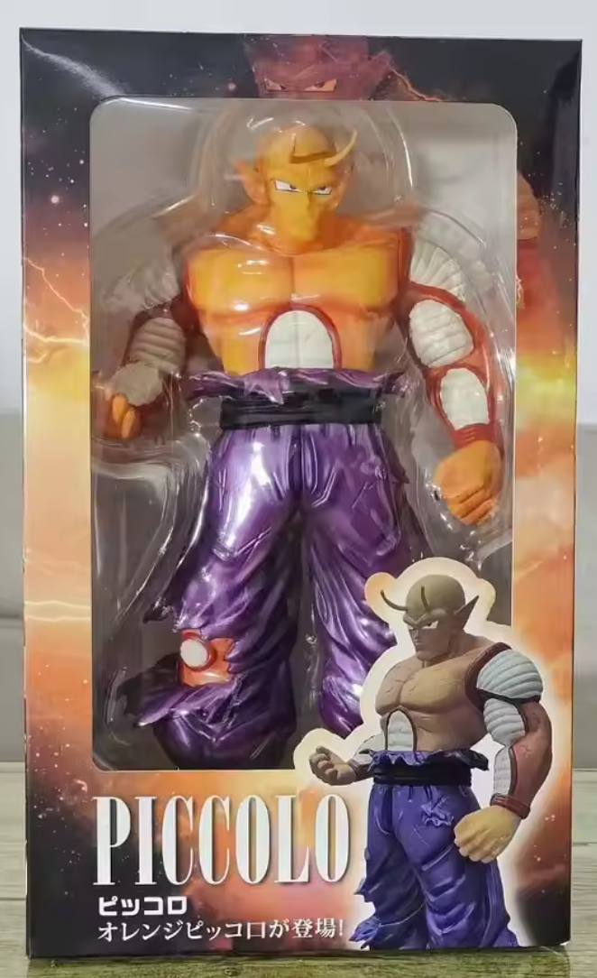 Figure of a character in a purple outfit with 'PICCOLO' text on packaging Bandai Banpresto Dragon Ball Super: Super Hero DXF Orange Piccolo Authentic Premium Battle-Damaged Scale Statue Figure box