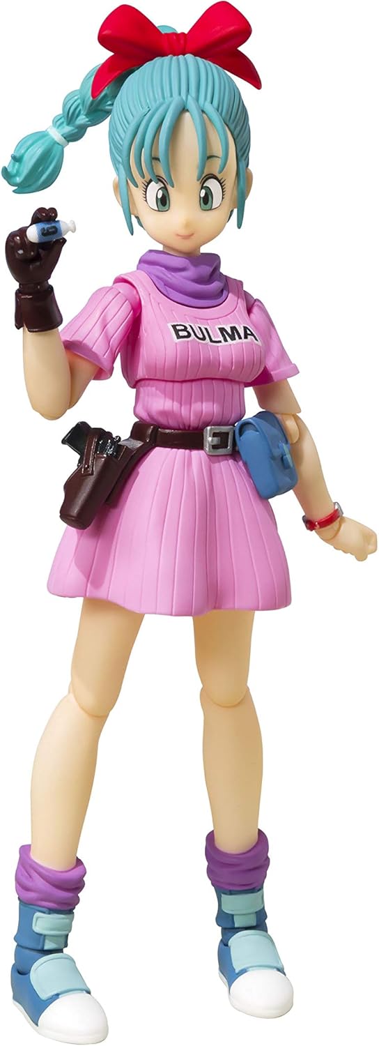Action figure of a character from Dragon Ball Z in a pink outfit with 'Bulma' written on it. Bandai S.H.Figuarts Dragon Ball: Bulma -Adventure Begins- Authentic Premium Action Figure