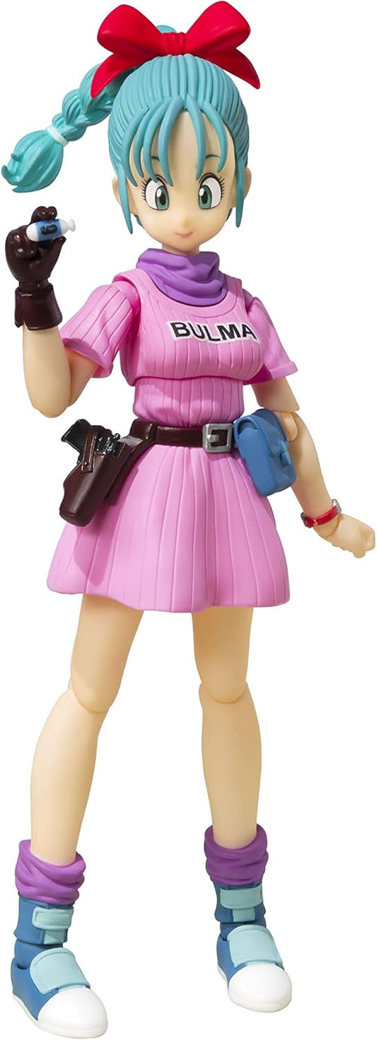 Action figure of a character from Dragon Ball Z in a pink outfit with 'Bulma' written on it. Bandai S.H.Figuarts Dragon Ball: Bulma -Adventure Begins- Authentic Premium Action Figure