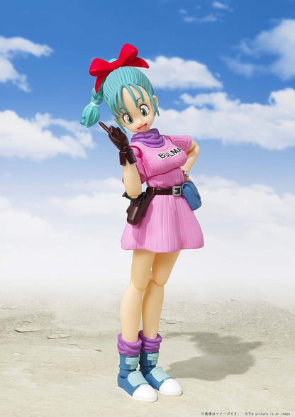 Action figure with colorful outfit against a blue sky Bandai S.H.Figuarts Dragon Ball: Bulma -Adventure Begins- Authentic Premium Action Figure