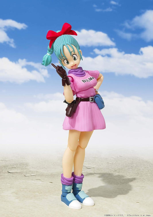 Action figure with colorful outfit against a blue sky Bandai S.H.Figuarts Dragon Ball: Bulma -Adventure Begins- Authentic Premium Action Figure