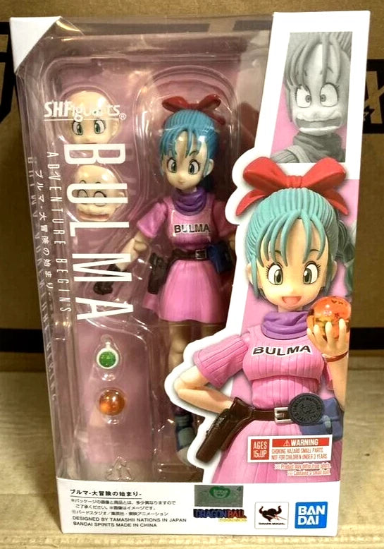 Figure of Bulma from Dragon Ball Z in packaging with Bandai logo. Bandai S.H.Figuarts Dragon Ball: Bulma -Adventure Begins- Authentic Premium Action Figure