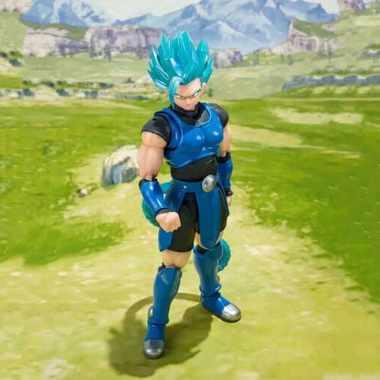 Action figure with blue hair and outfit standing on a grassy field with mountains in the background Bandai S.H.Figuarts Dragon Ball Legends: Super Saiyan Blue Shallot Authentic Premium Action Figure