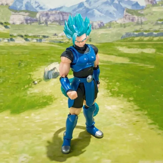 Action figure with blue hair and outfit standing on a grassy field with mountains in the background Bandai S.H.Figuarts Dragon Ball Legends: Super Saiyan Blue Shallot Authentic Premium Action Figure