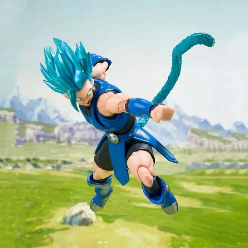 Action figure with blue hair and outfit against a scenic background Bandai S.H.Figuarts Dragon Ball Legends: Super Saiyan Blue Shallot Authentic Premium Action Figure 1
