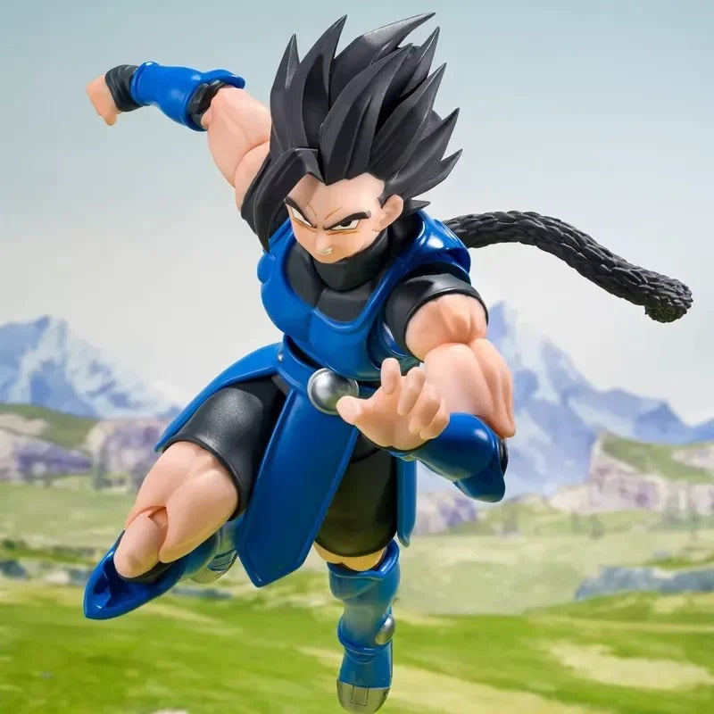 Action figure in blue and black outfit with mountainous background Bandai S.H.Figuarts Dragon Ball Legends: Super Saiyan Blue Shallot Authentic Premium Action Figure