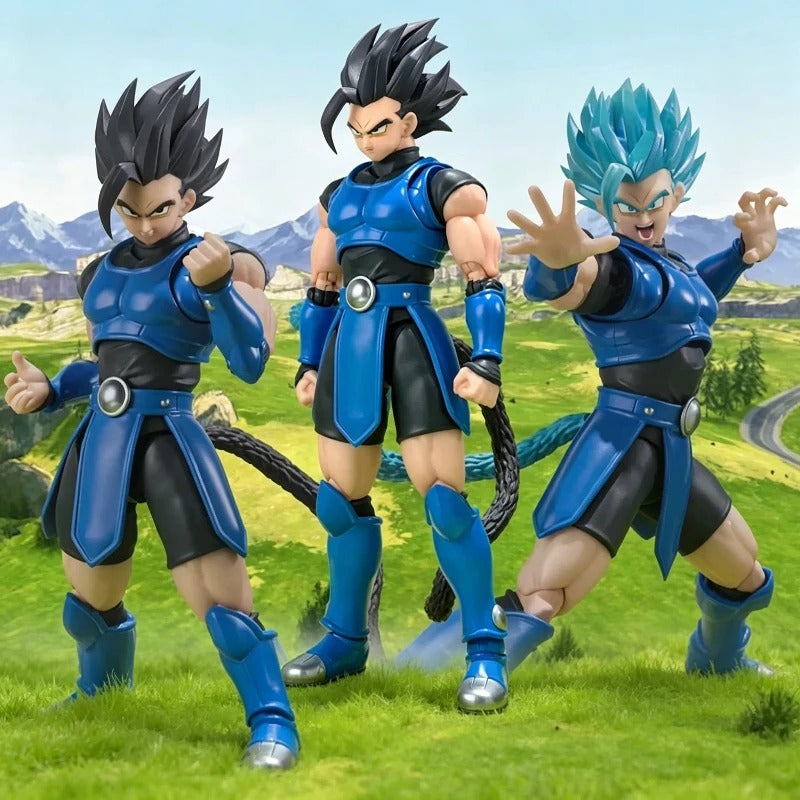 Three action figures in blue and black outfits on a grassy field with mountains in the background Bandai S.H.Figuarts Dragon Ball Legends: Super Saiyan Blue Shallot Authentic Premium Action Figure