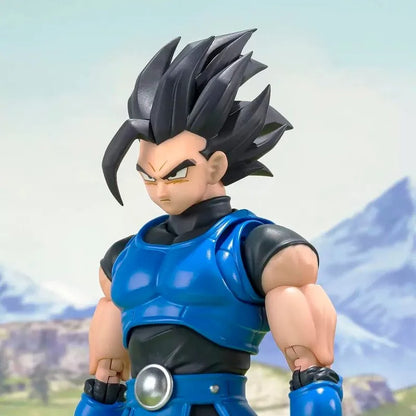 Action figure with blue and black outfit against a mountainous landscape Bandai S.H.Figuarts Dragon Ball Legends: Super Saiyan Blue Shallot Authentic Premium Action Figure