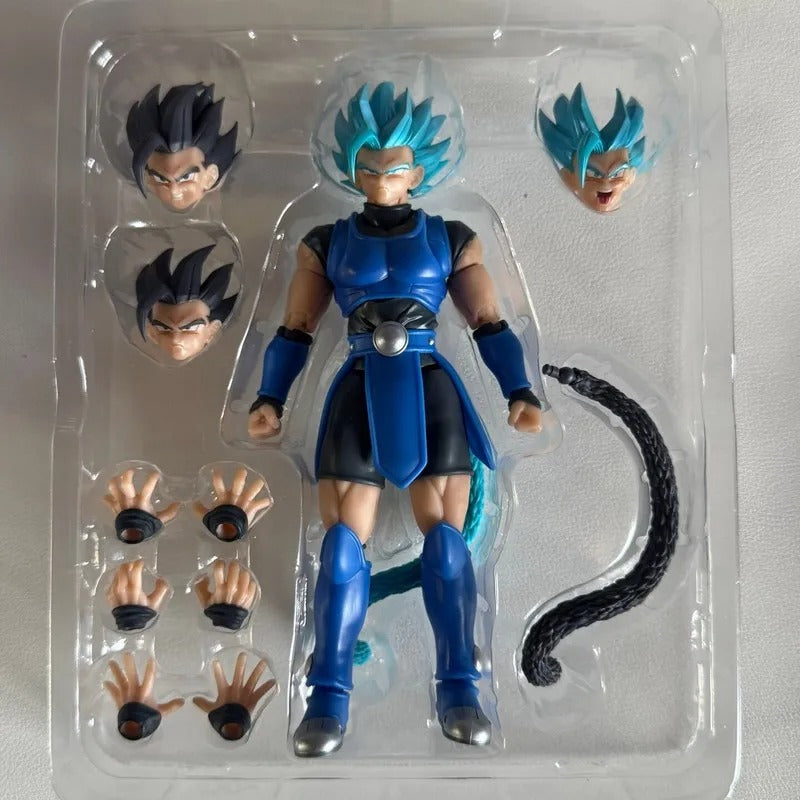 Action figure with interchangeable heads and parts in clear packaging on a gray background Bandai S.H.Figuarts Dragon Ball Legends: Super Saiyan Blue Shallot Authentic Premium Action Figure