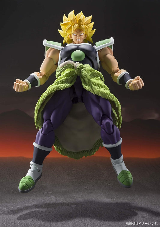 Action figure of a character from a popular animated series with a dark background Bandai S.H.Figuarts Dragon Ball Super: Broly -Super- Authentic Premium Action Figure