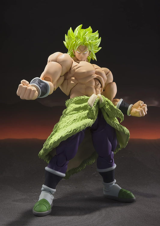 Action figure of a character with green hair and fur, wearing a green robe and purple pants, on a dark background. Bandai S.H.Figuarts Dragon Ball Super: Broly Authentic 19cm Premium Action Figure – Super Saiyan Full Power Ultimate Reissue Edition