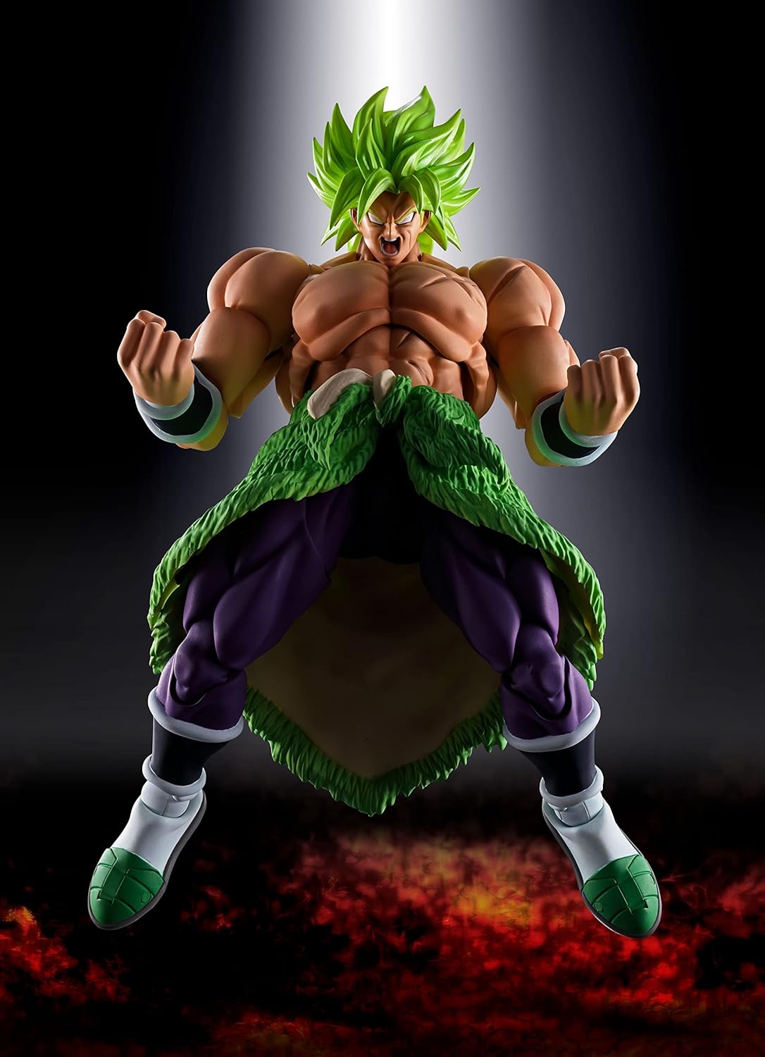 Action figure of a muscular character with green hair and purple outfit on a dark background Bandai S.H.Figuarts Dragon Ball Super: Broly Authentic 19cm Premium Action Figure – Super Saiyan Full Power Ultimate Reissue Edition