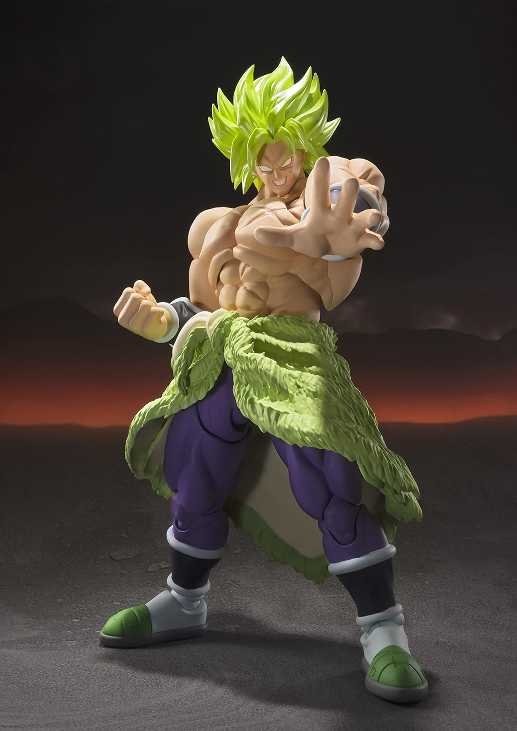 Super Saiyan Broly figure with green hair and purple outfit against a dark background Bandai S.H.Figuarts Dragon Ball Super: Broly Authentic 19cm Premium Action Figure – Super Saiyan Full Power Ultimate Reissue Edition