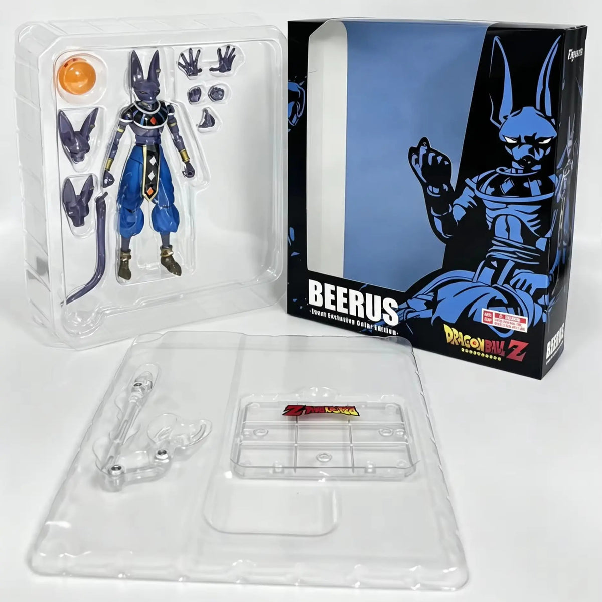 Dragon Ball Z Beerus action figure in packaging with accessories on a white background Bandai S.H.Figuarts Dragon Ball Super: God of Destruction Beerus Authentic Premium Action Figure