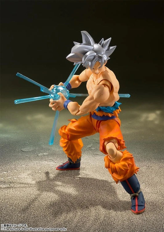 Action figure in orange and blue outfit with a blue energy weapon on a dark background Bandai S.H.Figuarts Dragon Ball Super: Son Goku (Ultra Instinct) Authentic Premium Action Figure