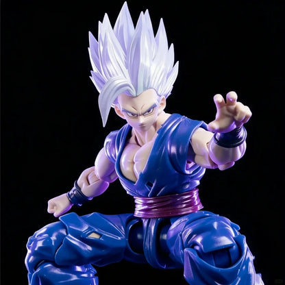 Super Saiyan Blue character figure with spiky hair on a black background Bandai S.H.Figuarts Dragon Ball Super: Super Hero Son Gohan Beast Authentic Premium Event Exclusive Action Figure